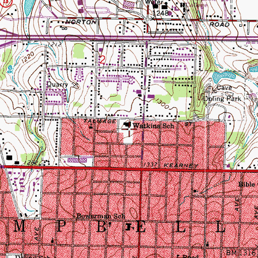 Topographic Map of Watkins School, MO