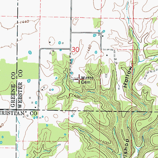 Topographic Map of Watts Cemetery, MO