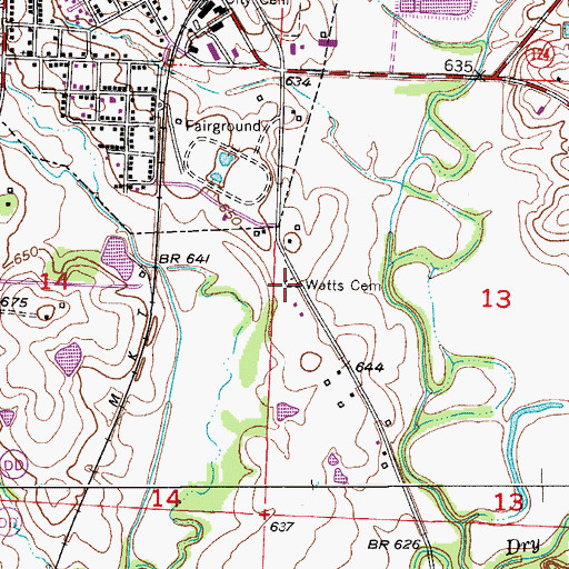 Topographic Map of Watts Cemetery, MO