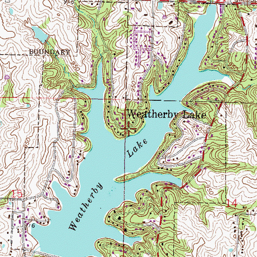 Topographic Map of Weatherby Lake, MO