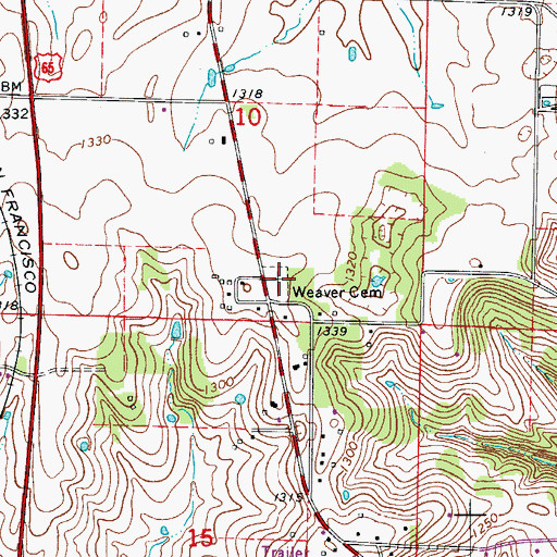 Topographic Map of Weaver Cemetery, MO