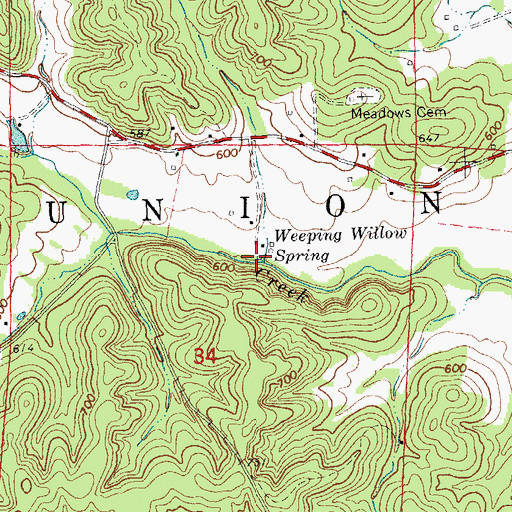 Topographic Map of Weeping Willow Spring, MO