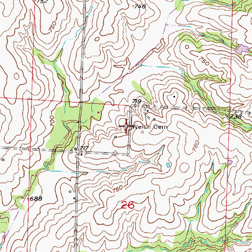 Topographic Map of Welch Cemetery, MO