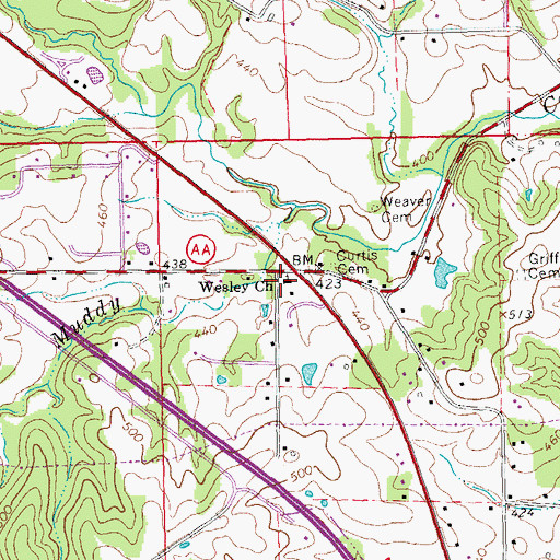 Topographic Map of Wesley Church, MO