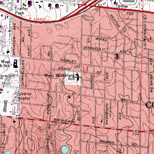 Topographic Map of West Boulevard Elementary School, MO