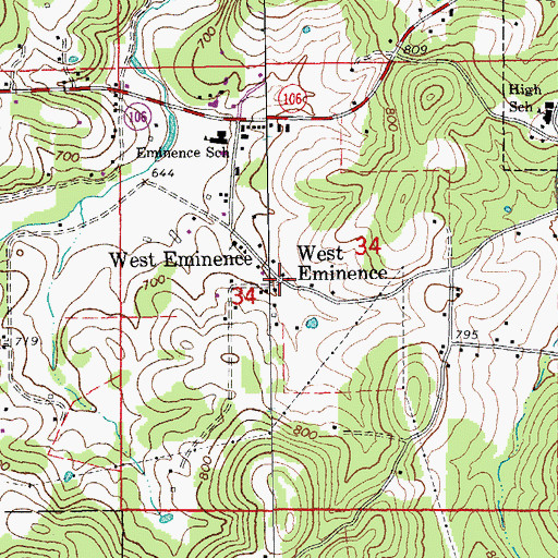 Topographic Map of West Eminence, MO