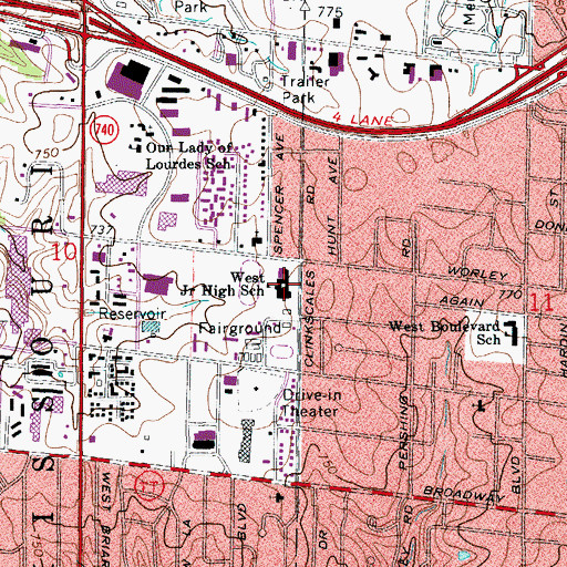 Topographic Map of West Junior High School, MO