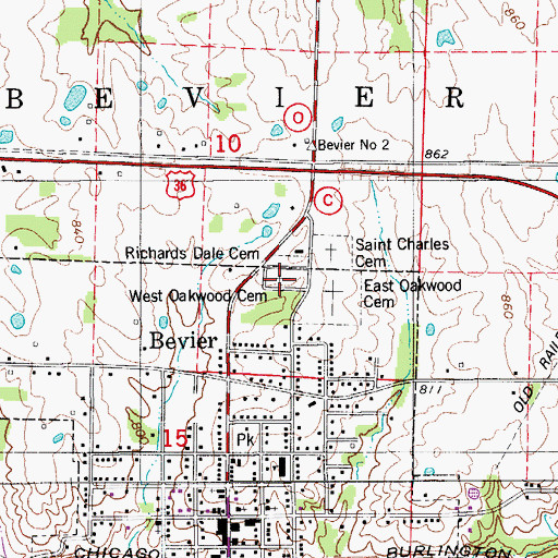 Topographic Map of West Oakwood Cemetery, MO