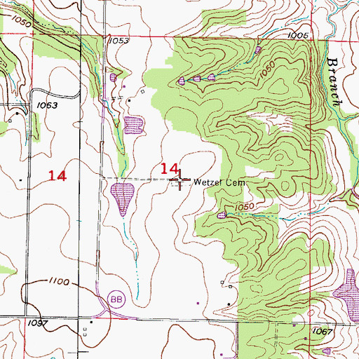 Topographic Map of Wetzel Cemetery, MO