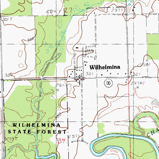 Topographic Map of Wilhelmina, MO