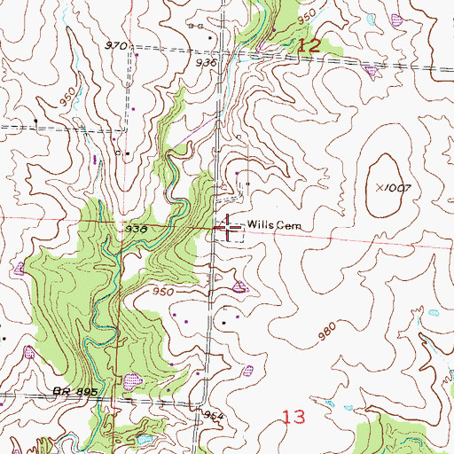 Topographic Map of Wills Cemetery, MO