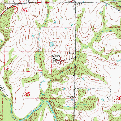 Topographic Map of Willis Cemetery, MO
