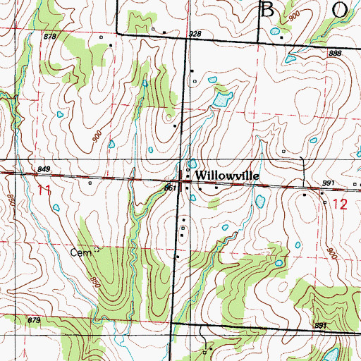 Topographic Map of Willowville, MO