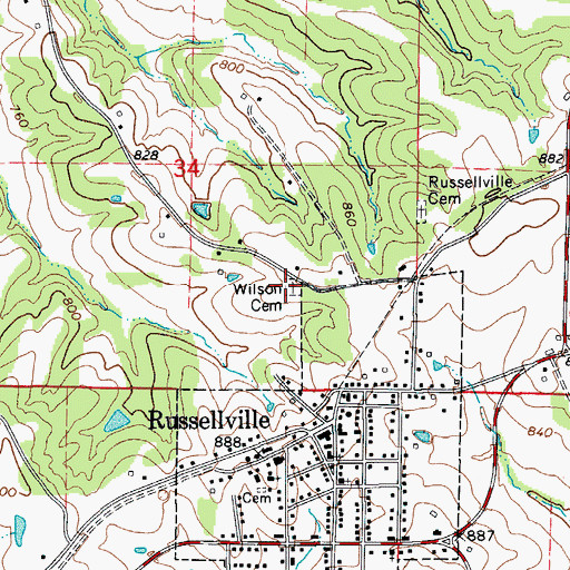 Topographic Map of Wilson Cemetery, MO