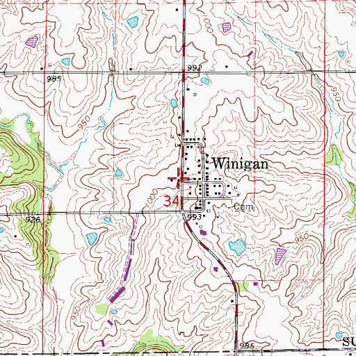 Topographic Map of Winigan, MO