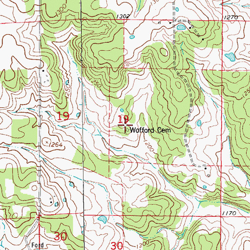 Topographic Map of Wofford Cemetery, MO