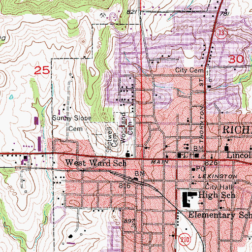 Topographic Map of Woodland Cemetery, MO