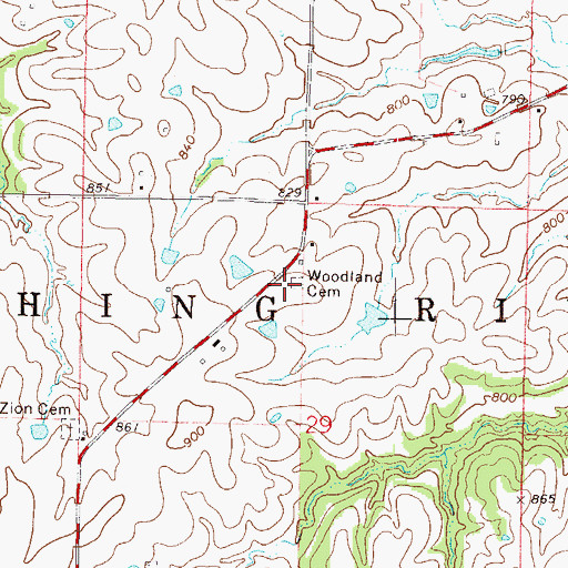Topographic Map of Woodland Cemetery, MO