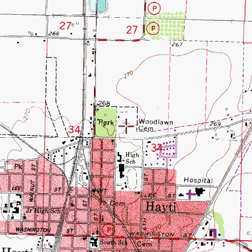 Topographic Map of Woodlawn Cemetery, MO