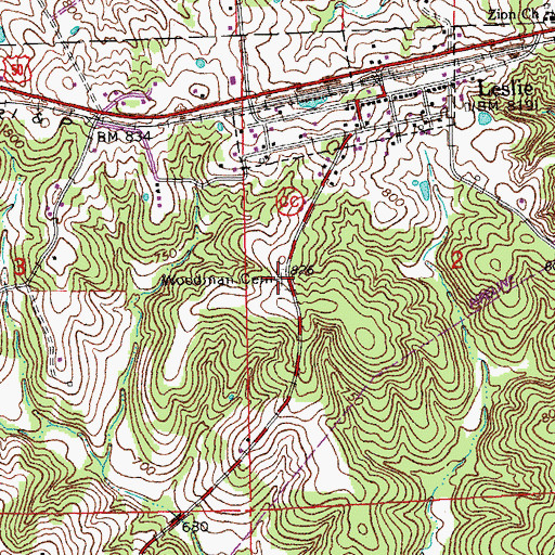 Topographic Map of Woodman Cemetery, MO