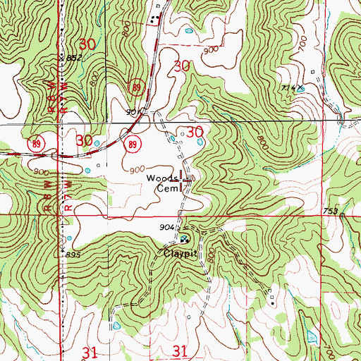 Topographic Map of Woods Cemetery, MO