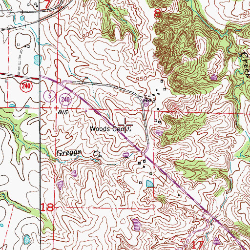 Topographic Map of Woods Cemetery, MO