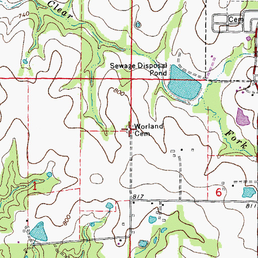 Topographic Map of Worland Cemetery, MO