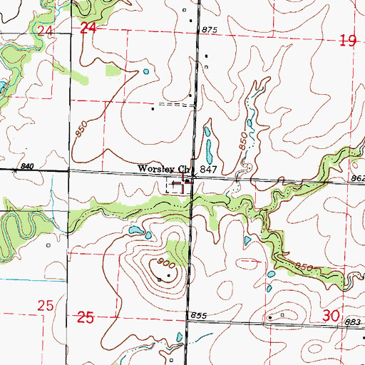 Topographic Map of Worsley Church, MO