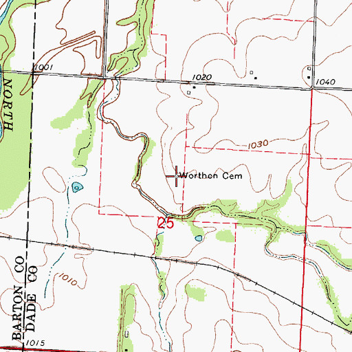 Topographic Map of Worthen Cemetery, MO