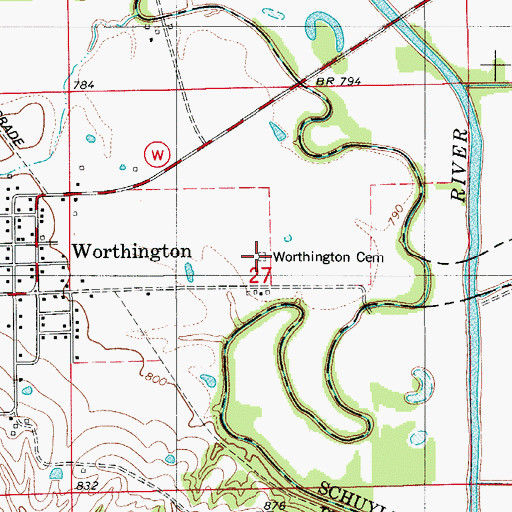 Topographic Map of Worthington Cemetery, MO