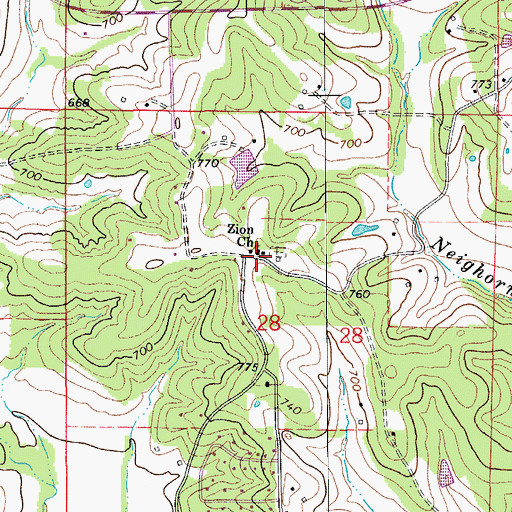 Topographic Map of Zion Church, MO