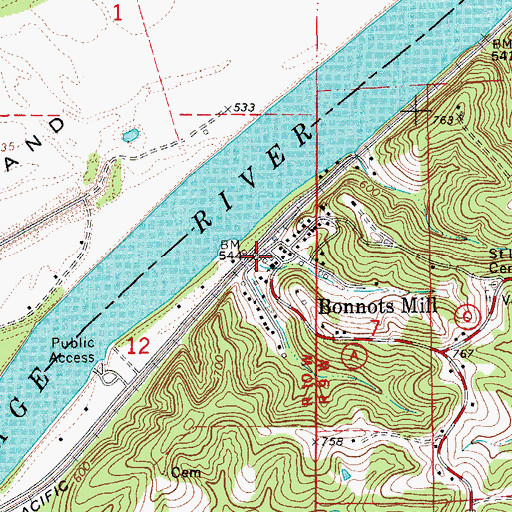 Topographic Map of Bonnots Mill, MO