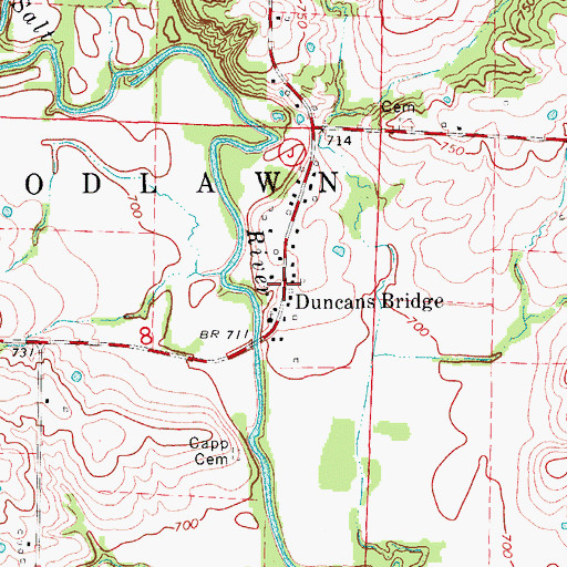 Topographic Map of Duncans Bridge, MO
