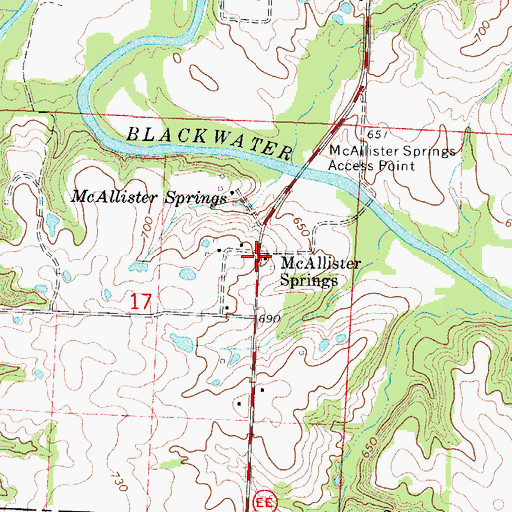 Topographic Map of McAllister Springs, MO