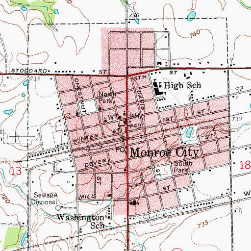 Topographic Map of Monroe City, MO