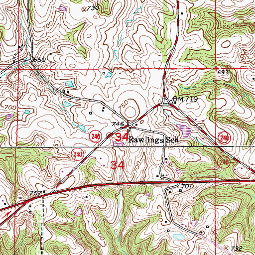 Topographic Map of Rawlings School (historical), MO