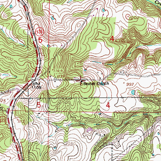 Topographic Map of Beulah Church, MO