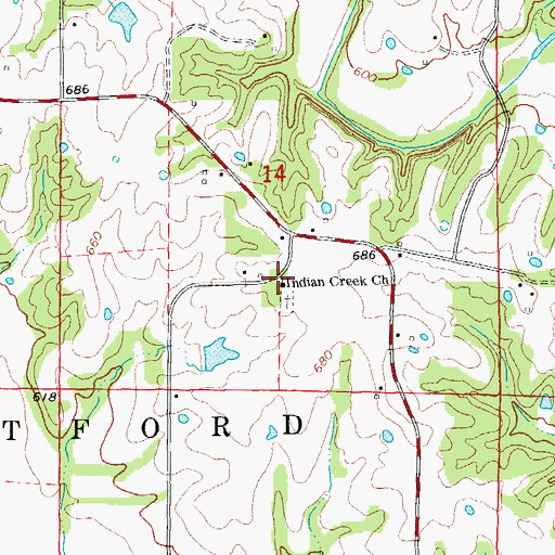Topographic Map of Indian Creek Church, MO
