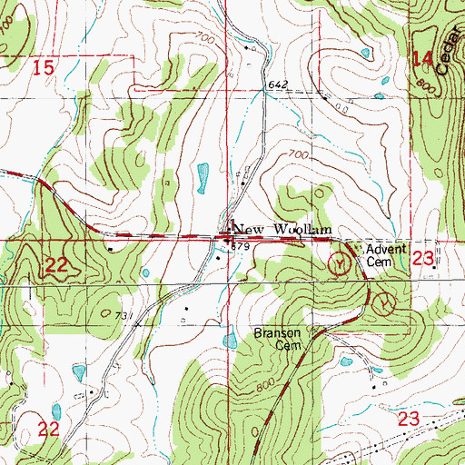 Topographic Map of New Woollam, MO