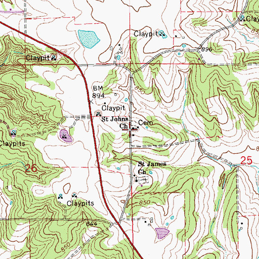 Topographic Map of Saint Johns Church, MO