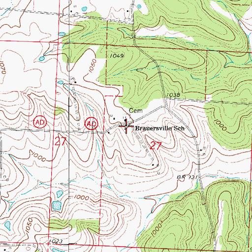 Topographic Map of Brauersville School, MO