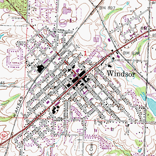Topographic Map of Windsor, MO