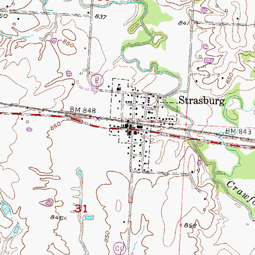 Topographic Map of Strasburg, MO