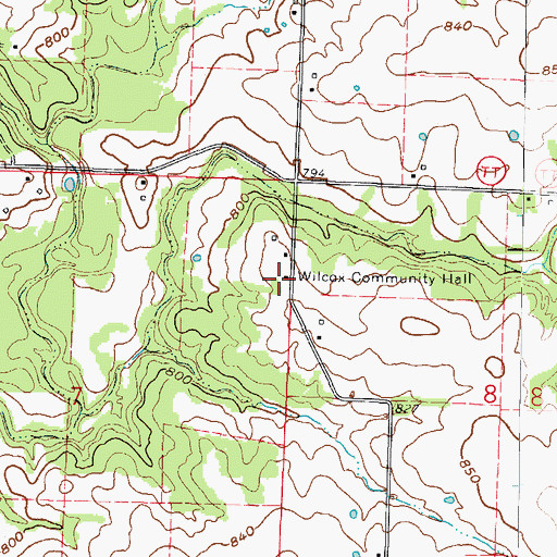 Topographic Map of Wilcox Community Hall, MO