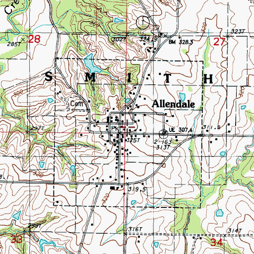 Topographic Map of Allendale, MO
