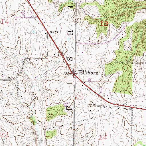 Topographic Map of Elkhorn, MO