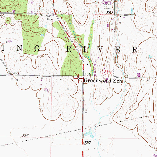Topographic Map of Greenwood School, MO
