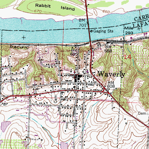 Topographic Map of Waverly, MO