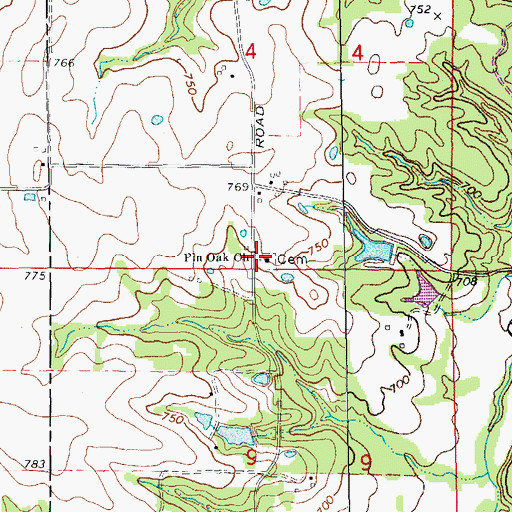 Topographic Map of Pin Oak Cemetery, MO