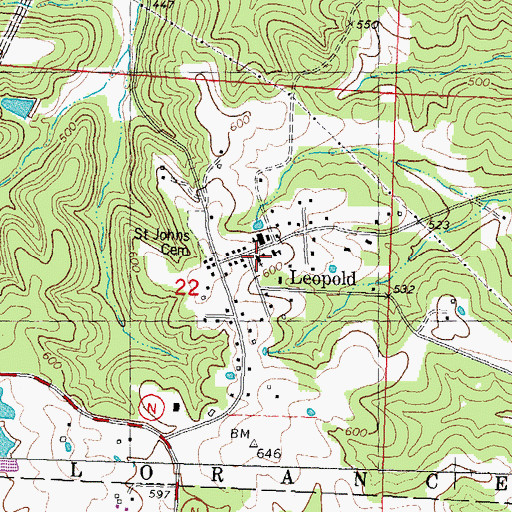 Topographic Map of Saint Johns Church, MO